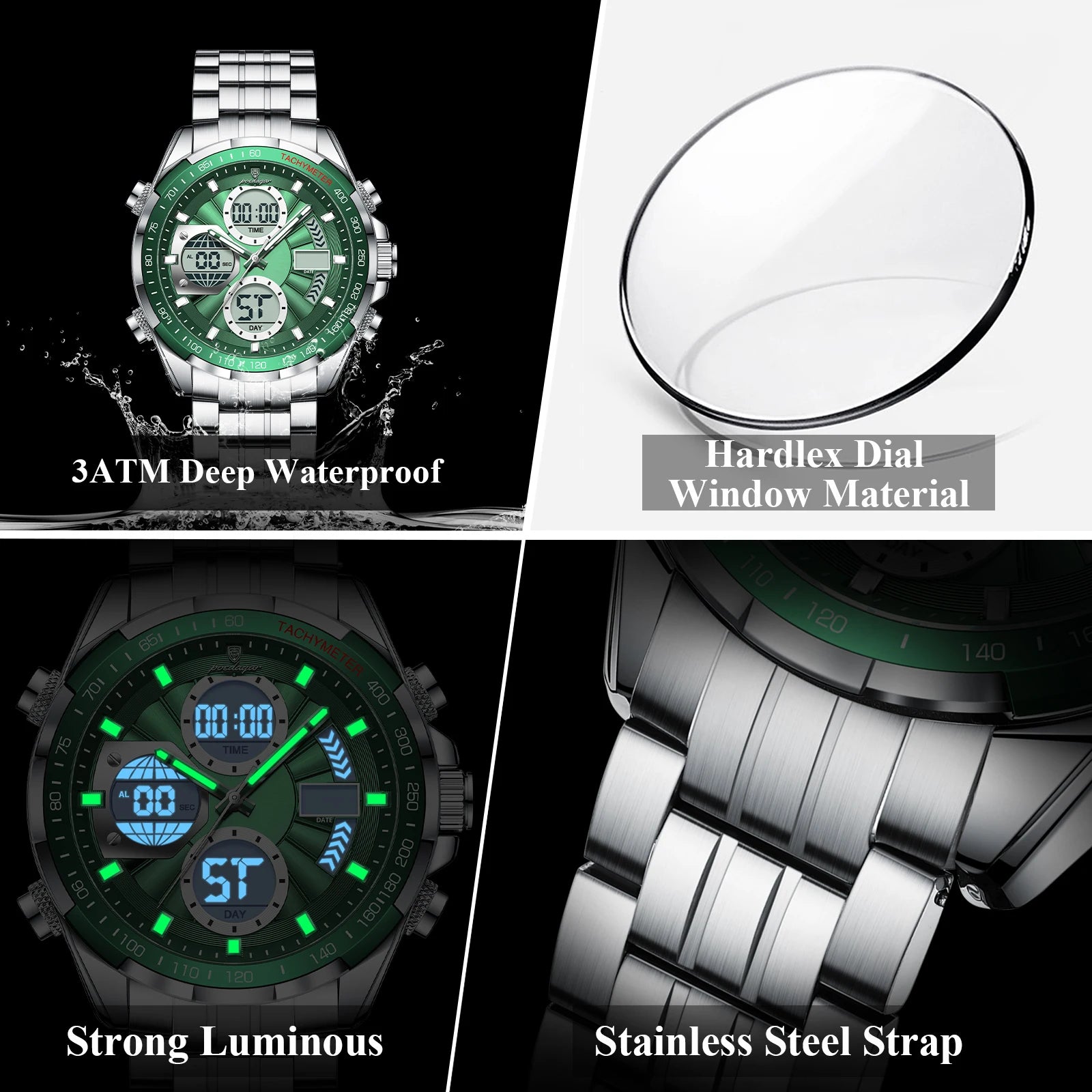 POEDAGAR LED Dual Time Men's Watch