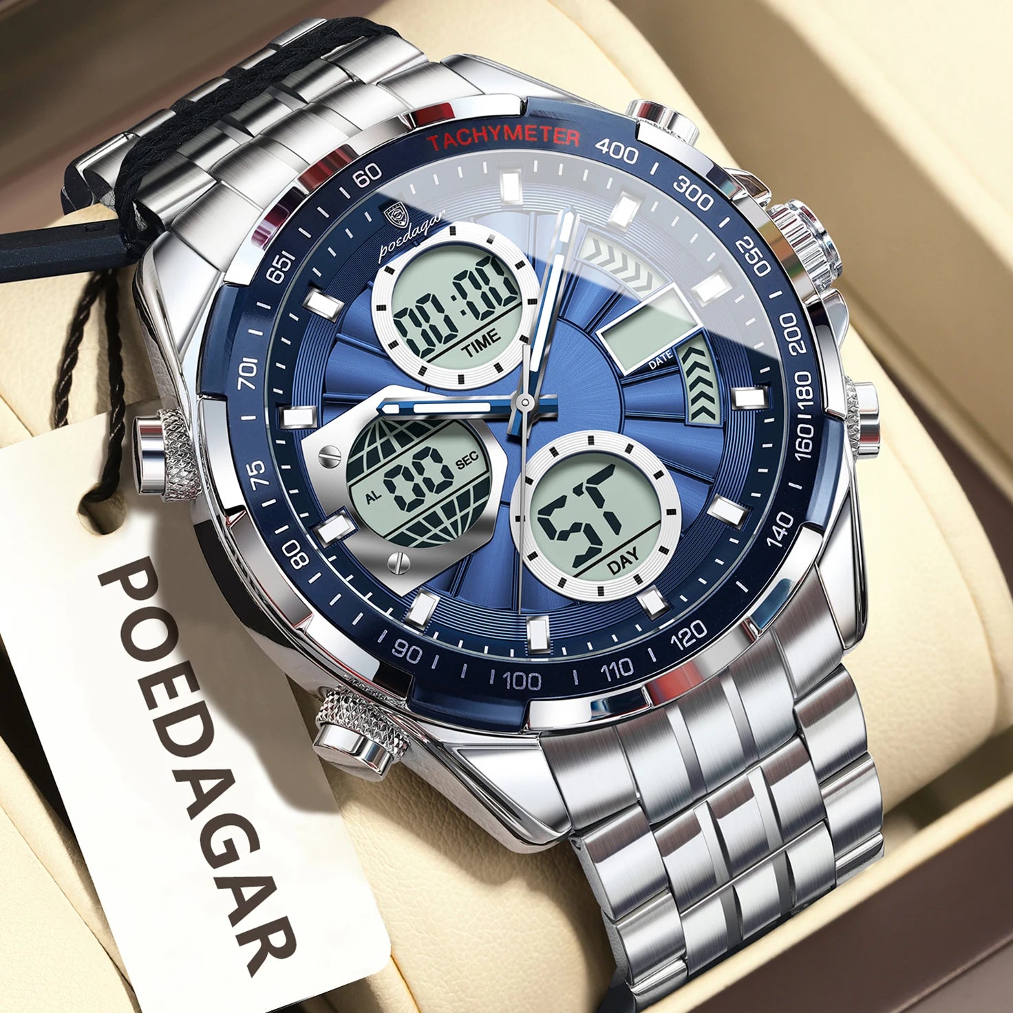 POEDAGAR LED Dual Time Men's Watch