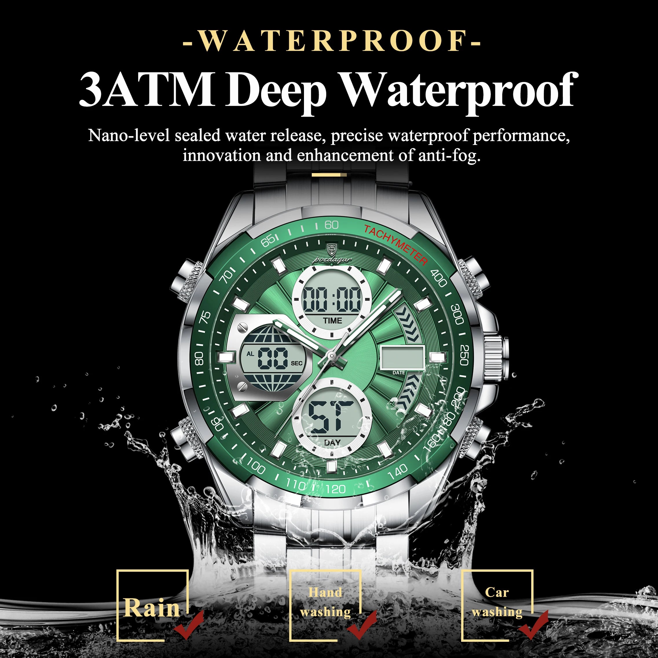 POEDAGAR LED Dual Time Men's Watch