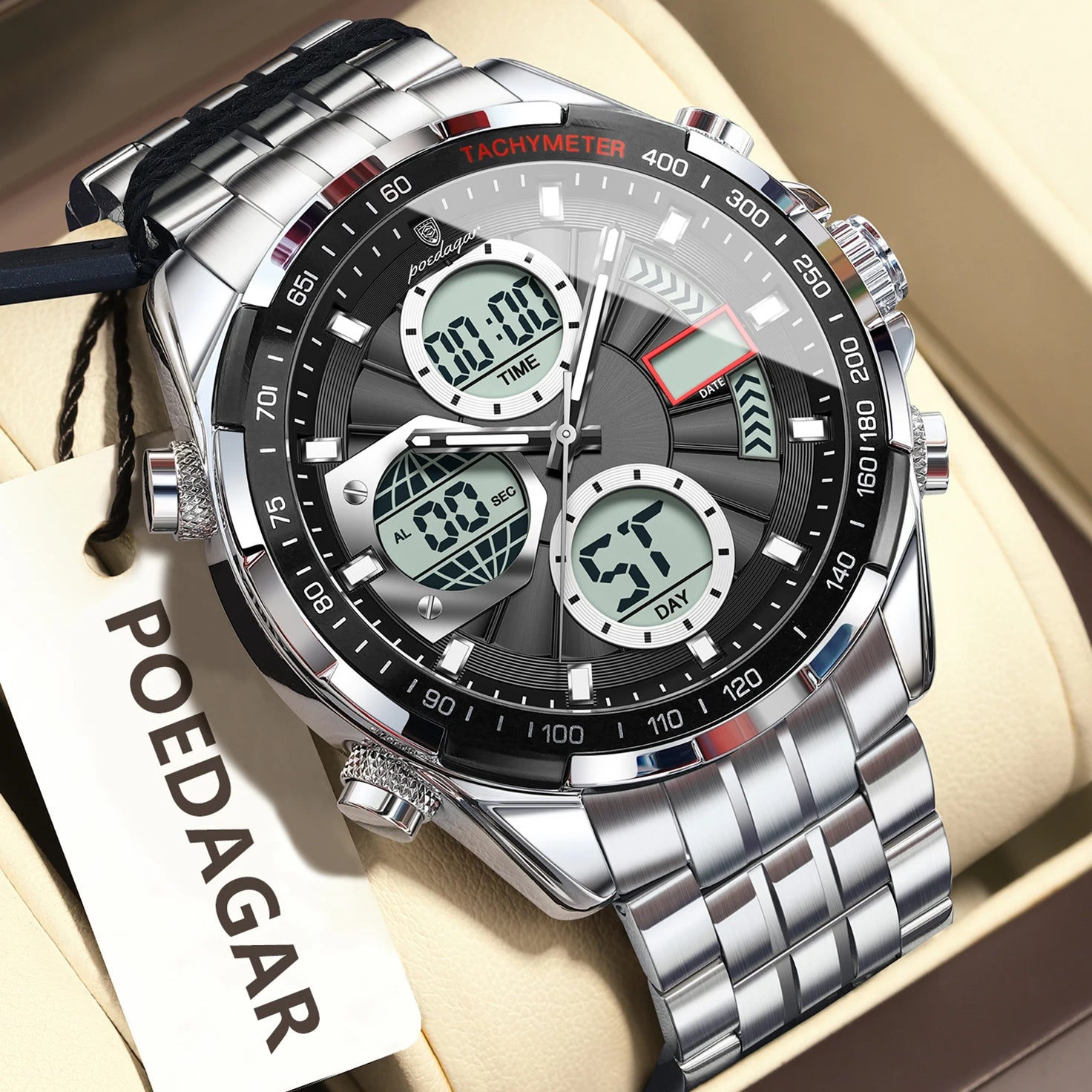 POEDAGAR LED Dual Time Men's Watch